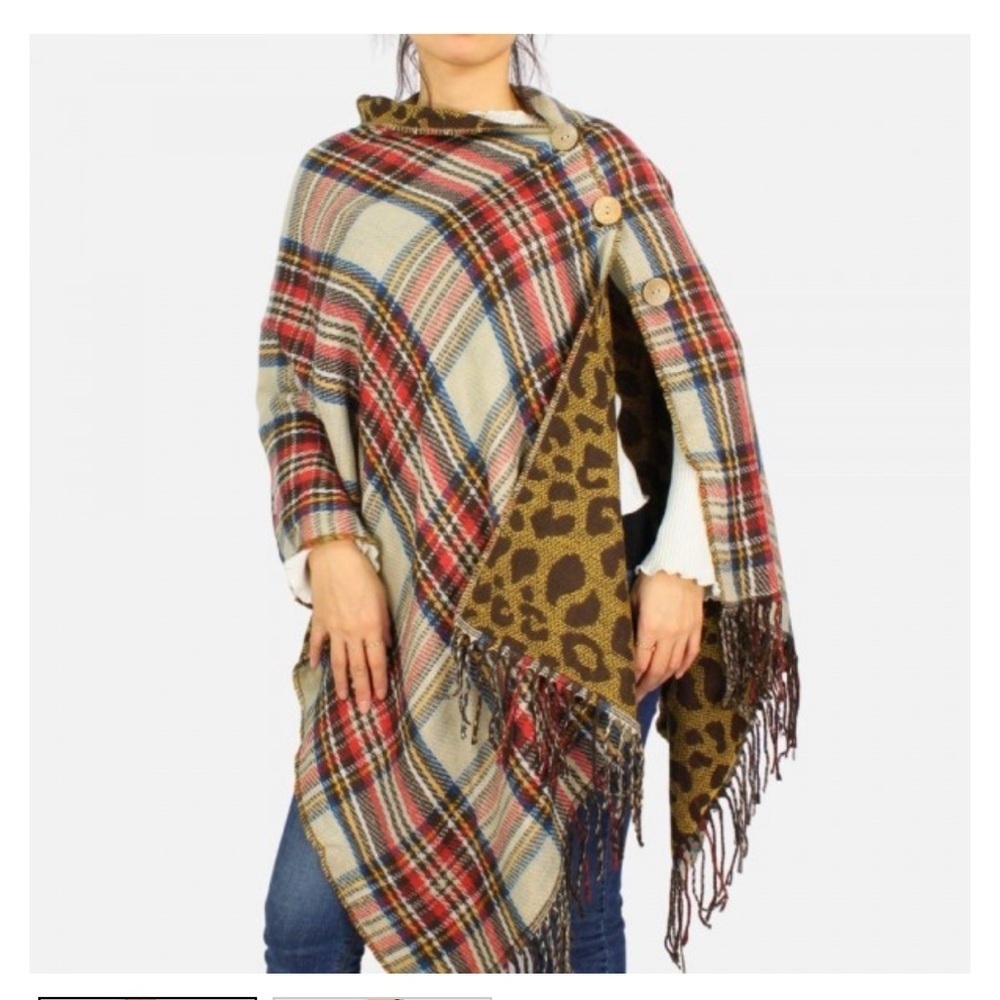 Plaid and Leopard Print Reversible Shawl